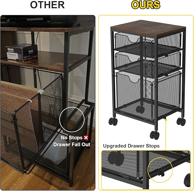 BOHDK Rolling File Cart with 3 Storage Drawers, Wood & Mesh Hanging File Folder Organizer with Wheels Under Desk, File Cabinets for Home Office, 11.81" D x 14.8" W x 25.39" H, Black