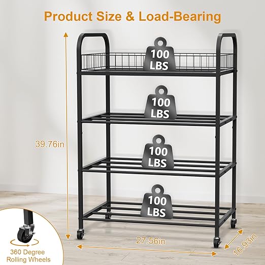 NEYCIL 3D Printer Filament Storage Rack, 4 Tier Filament Spool Holder, Metal Filament Organizer with Wheels for PLA/ABS/TPU/PETG/Nylon, Heavy Duty Storage Shelves for 3D Printing Studio Office Workshop
