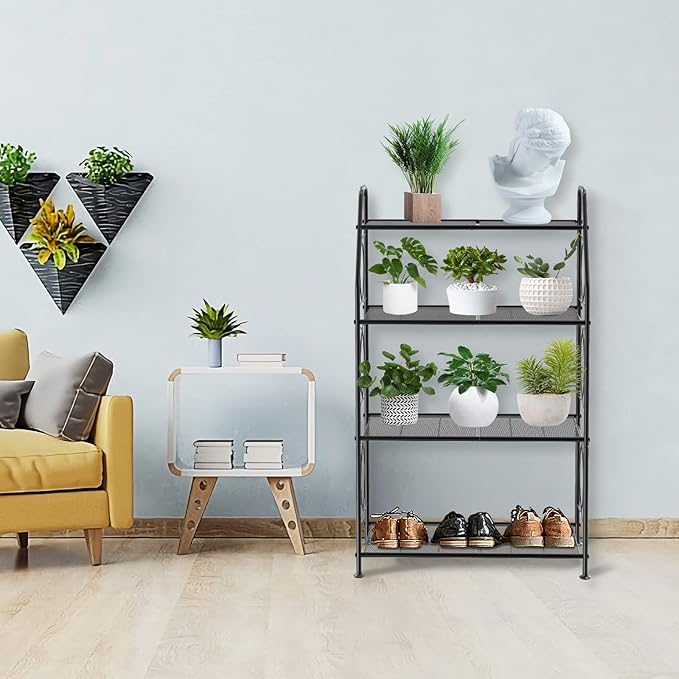 VyGrow Plant Stand, 4 Tier Plant Shelf for Indoor Outdoor, Heavy Duty Metal Tall Plant Stands Holder Rack for Living Room Balcony and Garden, Black