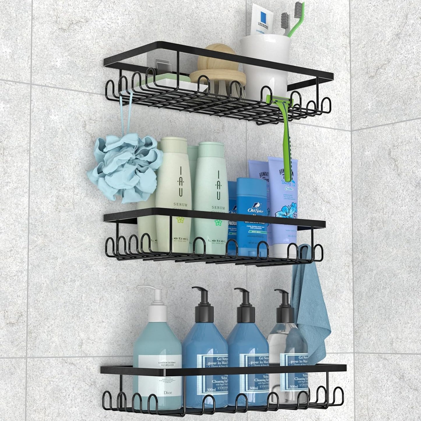 VyGrow 3 Pack Adhesive Shower Caddy with 36 Hooks, Shower Organizer with Large Capacity, Rust Proof Shower Shelves Drill Free, for Bathroom Storage & Home Decor, Black