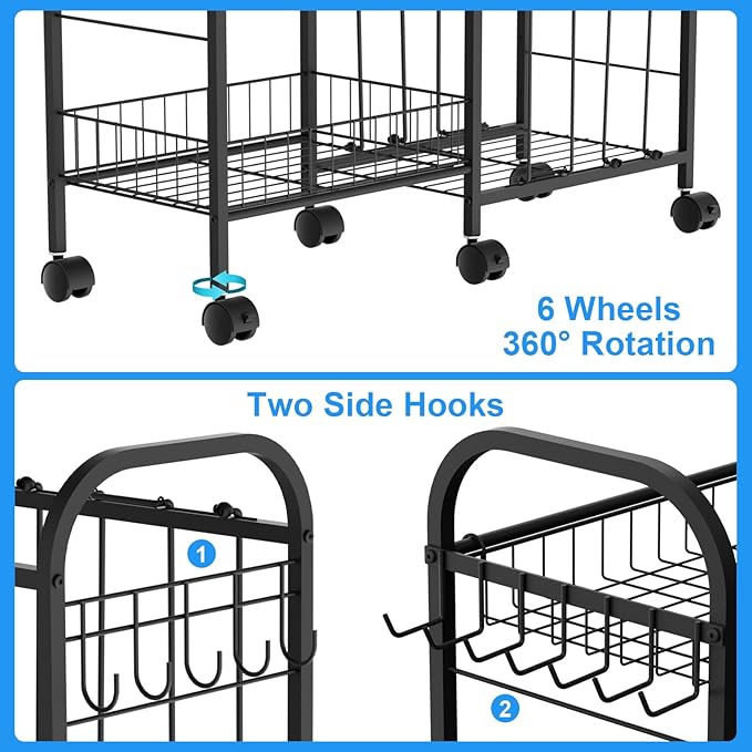 NEYCIL Ball Storage Rack, Sports Ball Storage Cart with 6 Wheels, Elastic Strap, Removable Basket, Hooks, Sports Equipment Organizer For Garage, Children's Room, Court, School, Small Gym, Outdoor