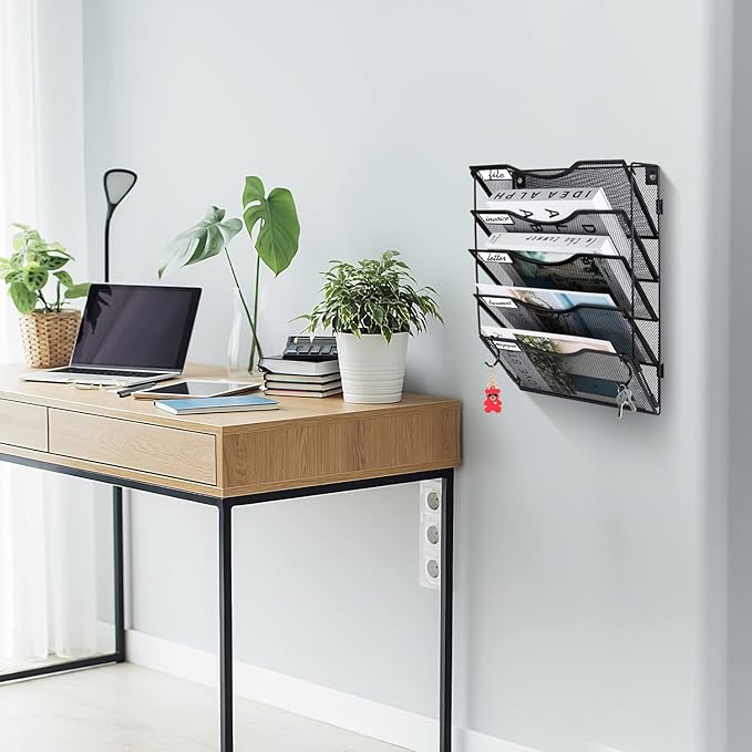 BOHDK Wall File Organizer 3 Pockets, Mail Organizer, Hanging Folder Holder, Foldable | Hanging or Wall Mounted | Label Panel | 2 Hooks | Office Home School Organizer, Black