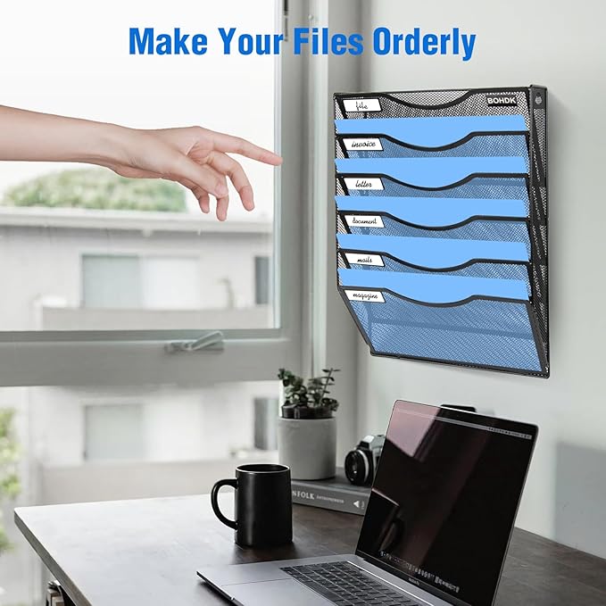 BOHDK Wall File Organizer, 6 Tier Hanging File Folder Mail Organizer, Vertical Mesh Metal Wall Mount Hanging File Holder, Paper Document Magazine Rack for Home Office Black
