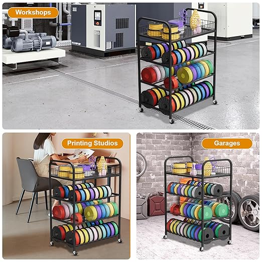 NEYCIL 3D Printer Filament Storage Rack, 4 Tier Filament Spool Holder, Metal Filament Organizer with Wheels for PLA/ABS/TPU/PETG/Nylon, Heavy Duty Storage Shelves for 3D Printing Studio Office Workshop