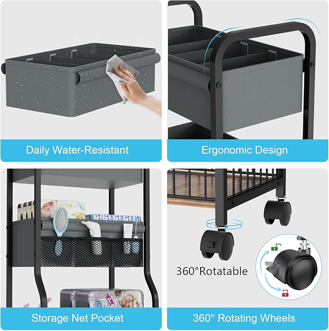 NEYCIL Baby Organizers and Storage, 3-Tier Diaper Caddy Organizer Cart with Lockable Wheels | 4+3 Dividers, Cart for Baby Supplies, Baby Organization for Nursery, Bedroom, Bathroom