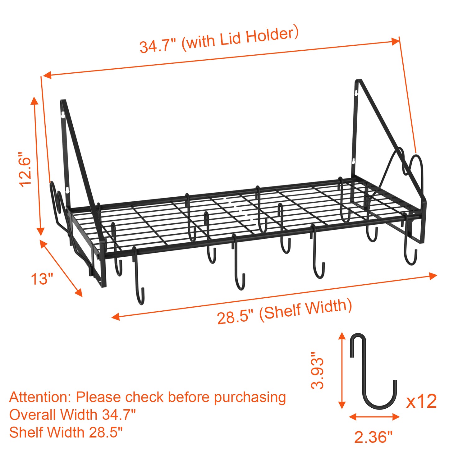 VyGrow 28 Inch Pot Rack Wall Mounted, Pots and Pans Organizer with 12 Hooks and 2 Pot Lid Holders, Heavy Duty Steel Pot and Pan Hanger for Kitchen Cookware Utensils Storage 34.7" Lx13 Wx12.6 H