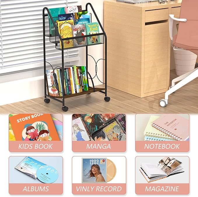BOHDK Bookshelf, 4-Tier Metal & Wood Rolling Book Cart on Wheels, Record Cabinet for Book Magazine Turntable, Record Holder Up to 100 Albums, Multifunction Utility Cart, Black
