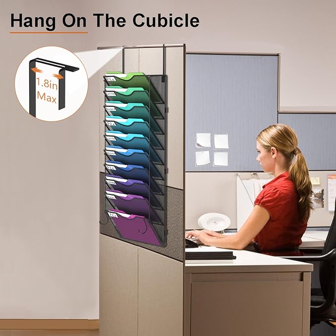 BOHDK 10 Pocket Mesh Hanging Wall File Organizer, Wall Mounted Mail Paper Document Folder Holder, Foldable File Folder Organizer with Label Panel | 2 Hooks | Office Home School Organizer, Black