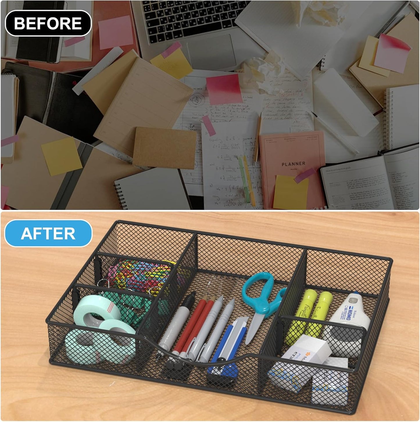 VyGrow Metal Mesh Desk Drawer Organizer Tray 6 Adjustable Compartment 12 x 8.26 x 1.96 inch Black