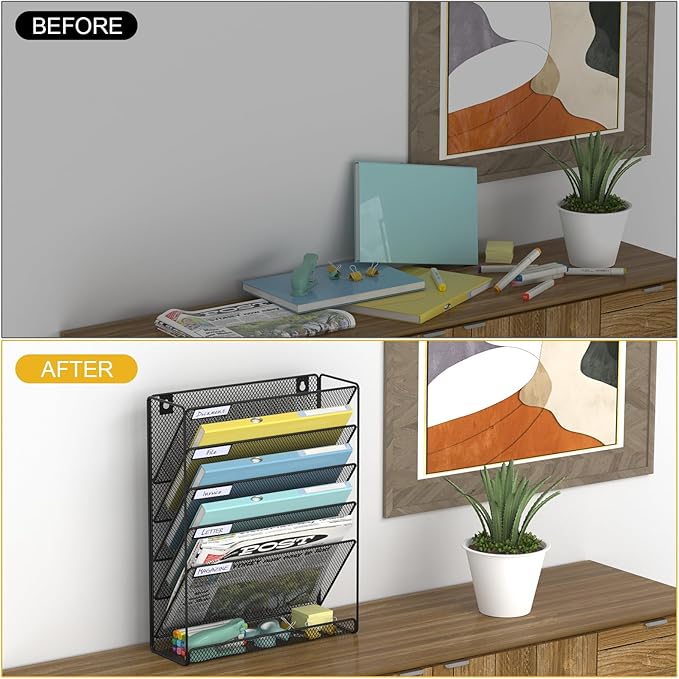 BOHDK Hanging Folder Organizer Mesh 6 Tier, Wall File Organizer Hanging Paper Organizer, Wall Mount Mail Storage, Office Organization and Storage Rack for Home Office, Black