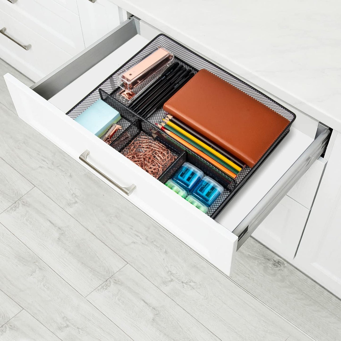 VyGrow Desk Drawer Organizer Tray, Metal Mesh Drawer Organizers Office, 4 Grid with Adjustable Compartment, Desk Organizer Tray for Home Office 12x10.6x1.9 inch Black, 2 Pack