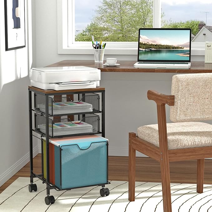 BOHDK Rolling File Cart with 3 Storage Drawers, Wood & Mesh Hanging File Folder Organizer with Wheels Under Desk, File Cabinets for Home Office, 11.81" D x 14.8" W x 25.39" H, Black