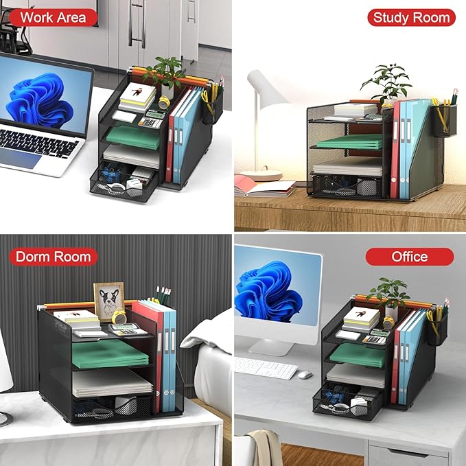 BOHDK Desk Organizer with Hanging File Holder, Paper Letter Tray Organizer with Drawer and Pen Holder, Mesh Desktop Organizer and Storage for Office Supplies(Black)