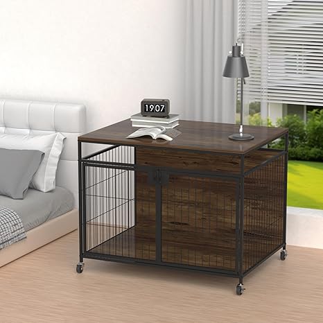 VyGrow Dog Crate Furniture for Large Dogs, Wooden Dog Kennel with Double Doors, Heavy Duty End Table Dog Crate for Dogs Indoor, Rotating Wheels or Foot Pads (39.4" L x 28.3" W x 31.7" H)
