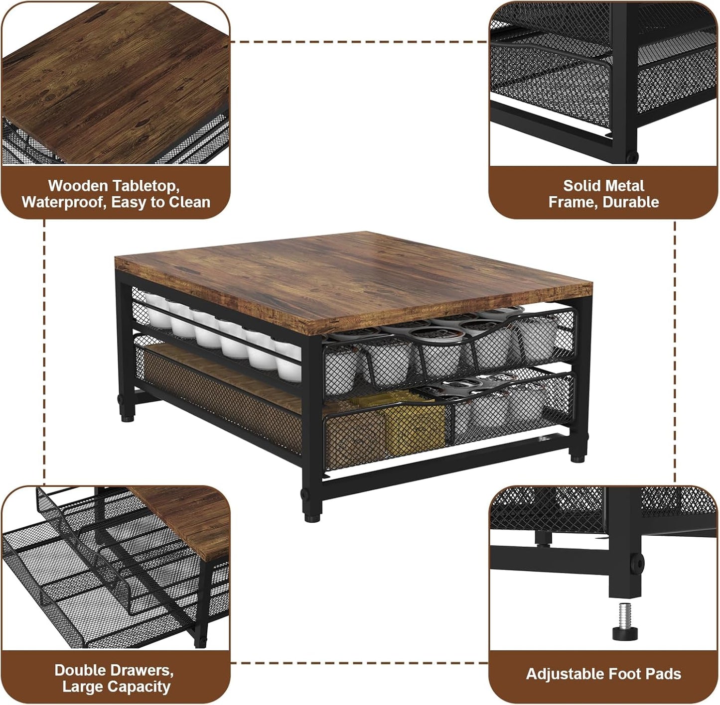 VyGrow Coffee Pod Holder For Counter, Wooden K Cup Holder with Sliding Drawer, Large Capacity Coffee Pod Storage for Coffee Station, Home, Office, Kitchen
