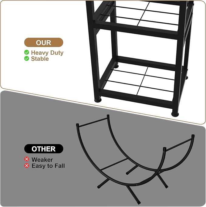 VyGrow Firewood Rack for Indoor Outdoor, 2-Tier Firewood Holder with 3 Hanging Hooks, Heavy Duty Wood Rack for Fireplace, Outdoor Patio, Fire Pit, Black