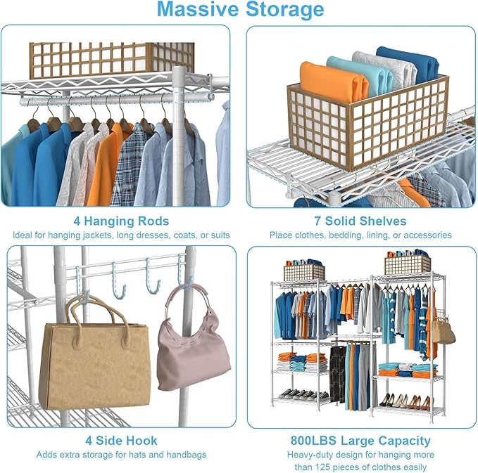 VyGrow Clothes Rack for Hanging Clothes, Adjustable Heavy Duty Clothing Rack with 4 Hang Rods & 7 Shelves, Load 800LBS, 70.47" L x 13.58" W x 76.77" H, White