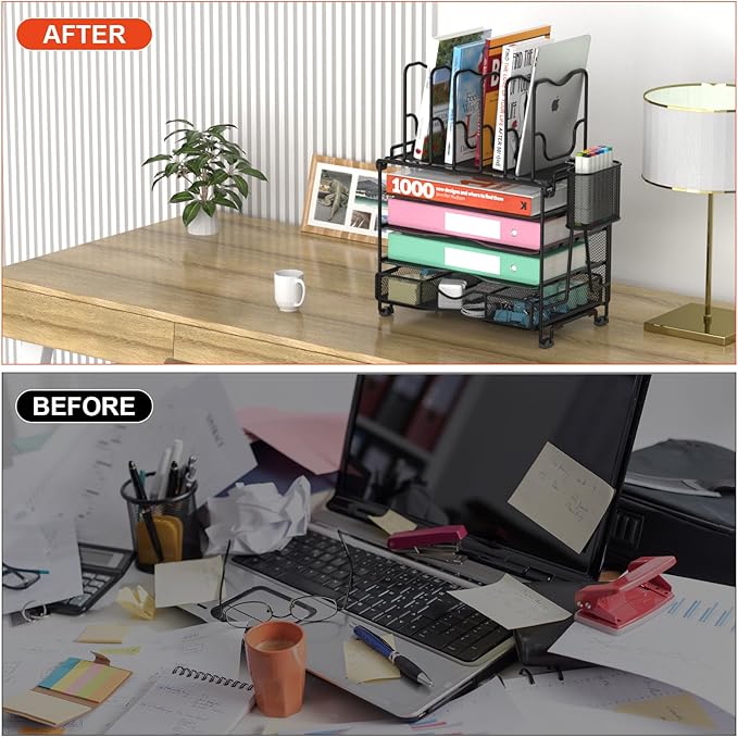 BOHDK Mesh Desk Organizer, 3-IN-1 Desktop Organizer with 4 Tier Tray and 5 Upright Sections, File Organizer for Desk with Sliding Drawer, Black