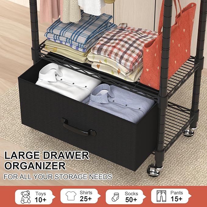 VyGrow Clothes Rack, Clothing Rack for Hanging Clothes, 3 Tiers Adjustable Closet Organizer System with Drawer | Hanging Rod | Side Hooks | Load 445lbs | 23" L x 13.1" W x 78.7" H | Black