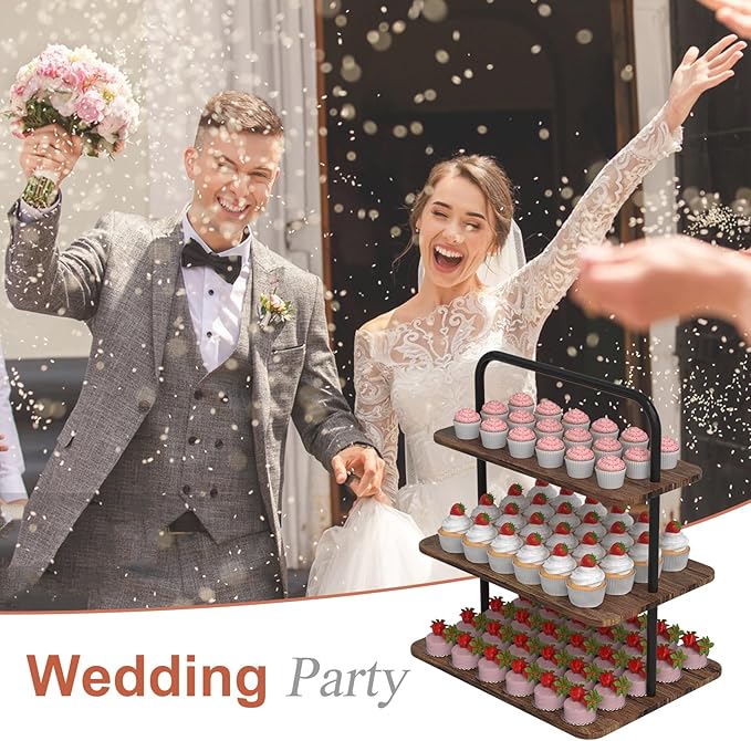 VyGrow Cupcake Stand, 3-Tier Dessert Stand for 68 Cupcakes, Wood & Metal Tower Display Premium Holder Dessert Tree Tower for Wedding Graduation Birthday Christmas Party, Serving Tray