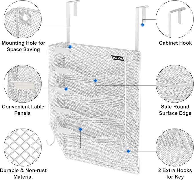 BOHDK Wall File Organizer, 5 Tire Hanging File Folder Organizer, Vertical Mesh Metal Door/Wall Mount Hanging File Holder, Paper Document Magazine Rack with Hooks for Home Office White