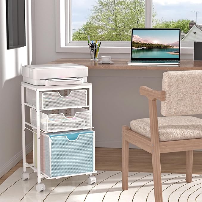 BOHDK Rolling File Cart with 3 Storage Drawers, Wood & Mesh Hanging File Folder Organizer with Wheels Under Desk, File Cabinets for Home Office, 11.81" D x 14.8" W x 25.39" H, White