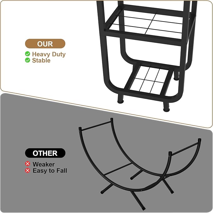 VyGrow Firewood Rack for Indoor Outdoor, 2-Tier Firewood Holder, Heavy Duty Wood Rack for Fireplace, Outdoor Patio, Fire Pit, Black