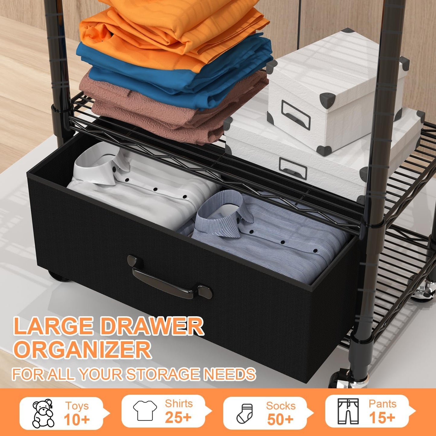 VyGrow Clothes Rack, Clothing Rack for Hanging Clothes, Kids Clothes Rack, 4 Tiers Adjustable Closet Organizer with Drawer | Double Rods | Side Hooks | Load 445lbs | 13.18" D x 23" W x 78.74" H