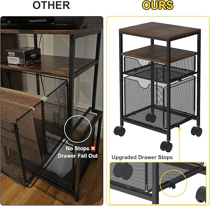 BOHDK Rolling File Cart with 2 Storage Drawers, Wood & Mesh Hanging File Folder Organizer with Wheels Under Desk, File Cabinets for Home Office, 14.7" L x 11.8" D x 25.3" H