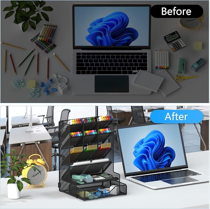 BOHDK Pen Organizer for Desk, Multi-Functional Desk Organizer, Wall Mount Pen Holder with Drawer for School, Office, Home, Art Supplies, Black