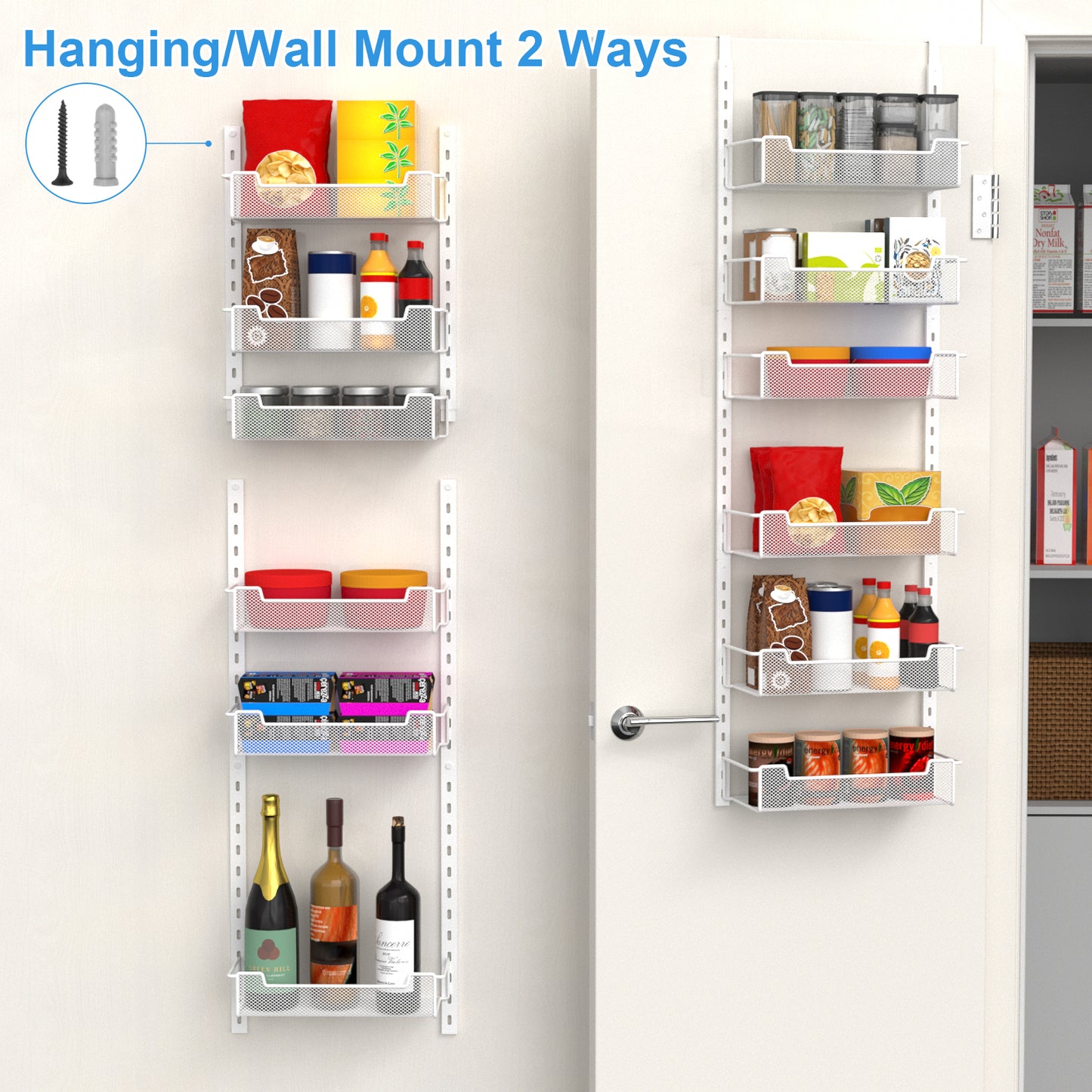 VyGrow 12.3" W Narrow Over the Door Pantry Organizer, 6-Tier Over the Door Organizer with Adjustable Basket, Pantry Door Organization for Pantry Kitchen Storage Room Spice Rack, White