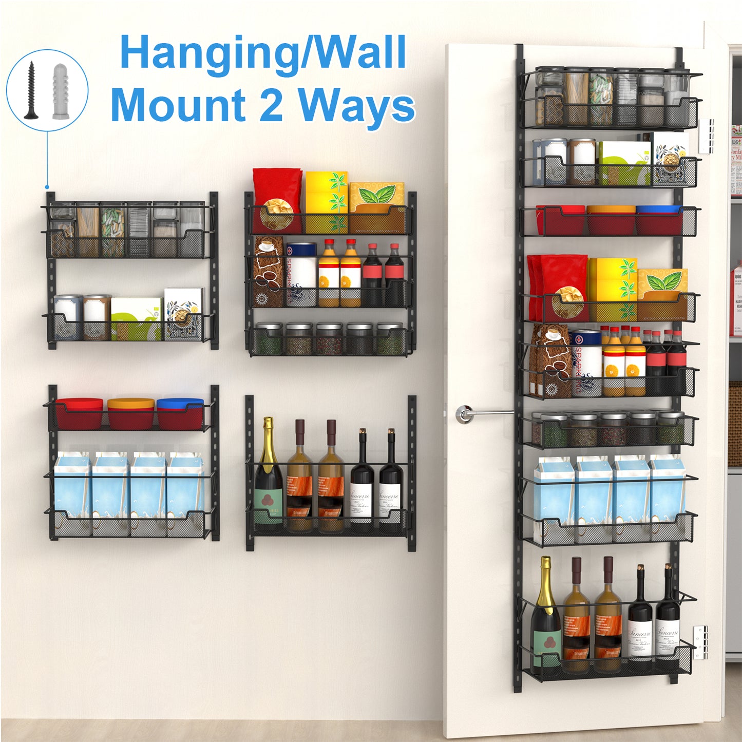 VyGrow Over the Door Pantry Organizer, 8-Tier Over the Door Organizer with Adjustable Basket, Pantry Door Organization for Pantry Kitchen Storage Room Spice Rack, Black