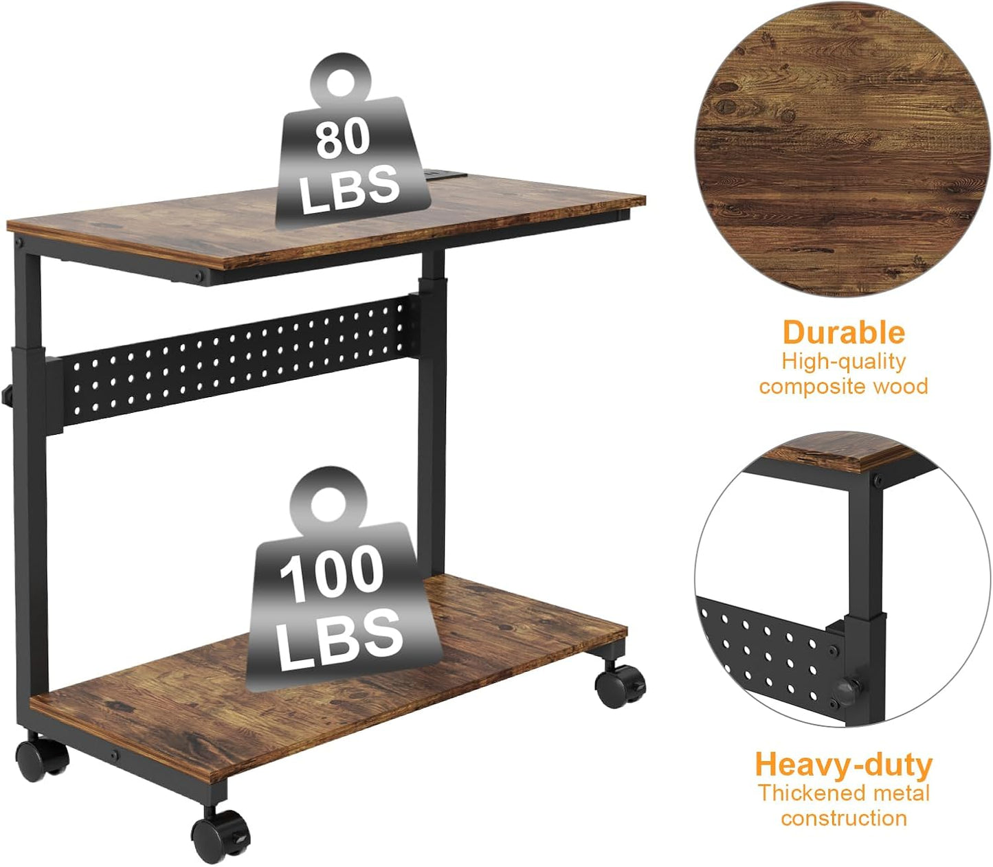 NEYCIL Computer Tower Stand with Charging Station, Height Adjustable 2-Tier CPU Stand with Power Strip and USB Ports, PC Tower Cart with Wheels and Printer Shelf, Rustic Brown and Black