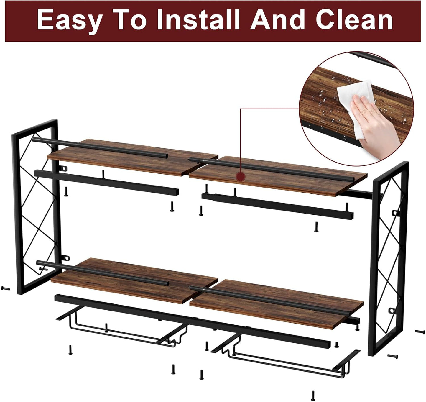 NEYCIL Wine Rack Wall Mounted 2 Tier Wall Wine Rack with Glass Holder, Double Layer Anti-Drop Crossbar, 31.5" Metal Wood Wall Mount Wine Holder for Home Kitchen Dining Room Coffee Shop Bar, Black