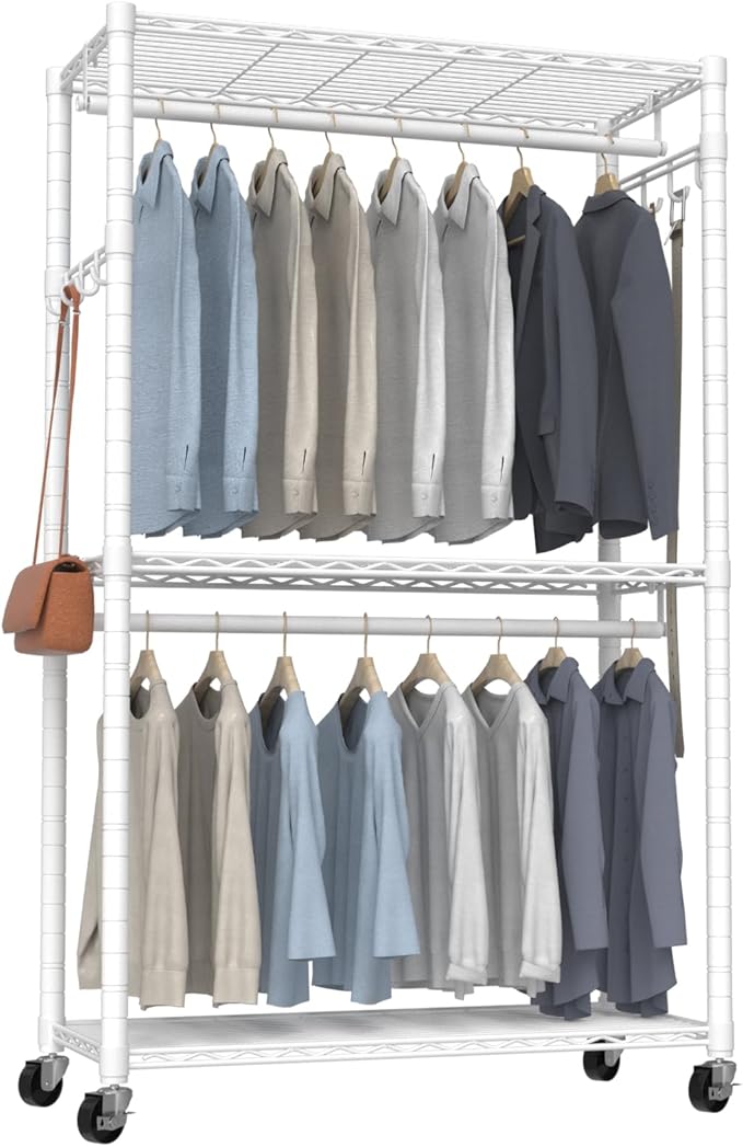 VyGrow Clothes Rack, Clothing Rack for Hanging Clothes, 3 Tiers Adjustable Heavy Duty Closet Organizer with Wheels | Double Rods | Side Hooks | Load 445lbs | 35.43" L x 15.7" W x 78.34" H | White