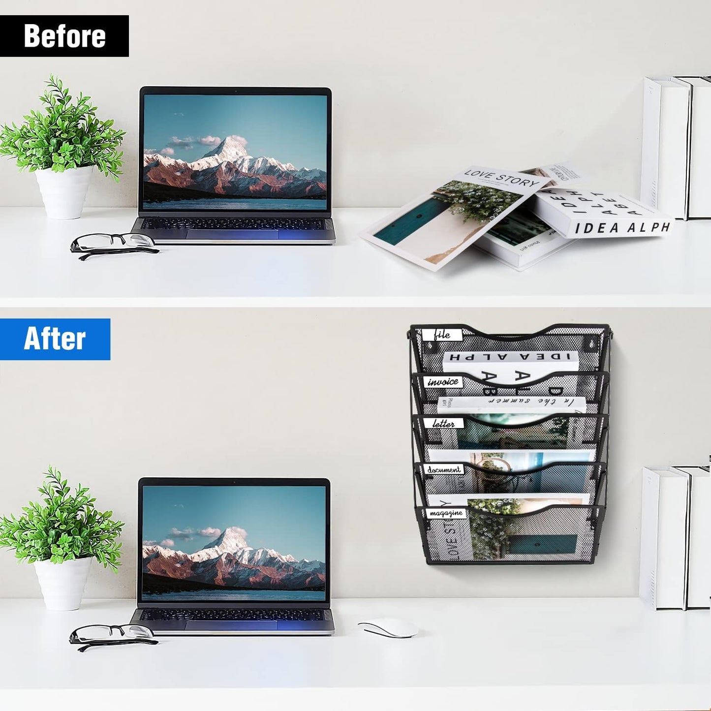 BOHDK Wall File Organizer 3 Pockets, Mail Organizer, Hanging Folder Holder, Foldable | Hanging or Wall Mounted | Label Panel | 2 Hooks | Office Home School Organizer, Black