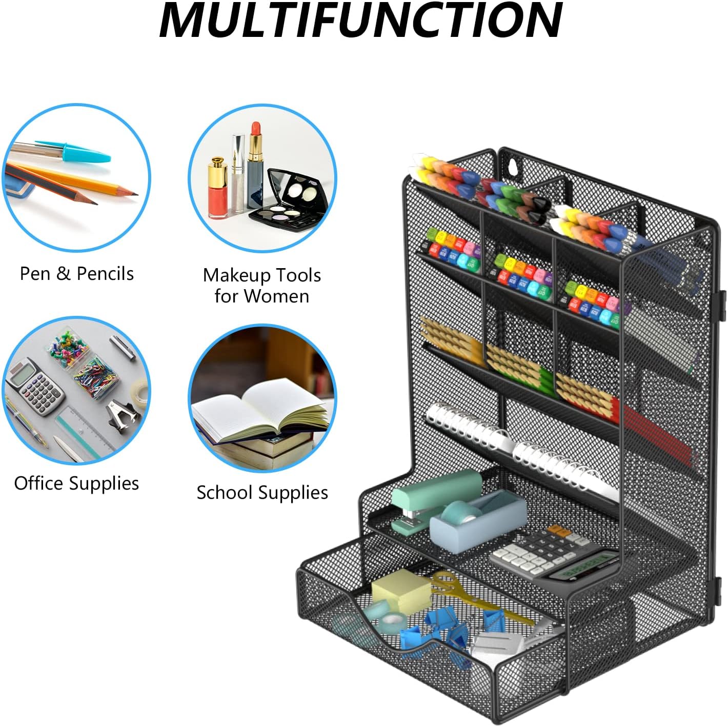 BOHDK Pen Organizer for Desk, Multi-Functional Desk Organizer, Wall Mount Pen Holder with Drawer for School, Office, Home, Art Supplies, Black