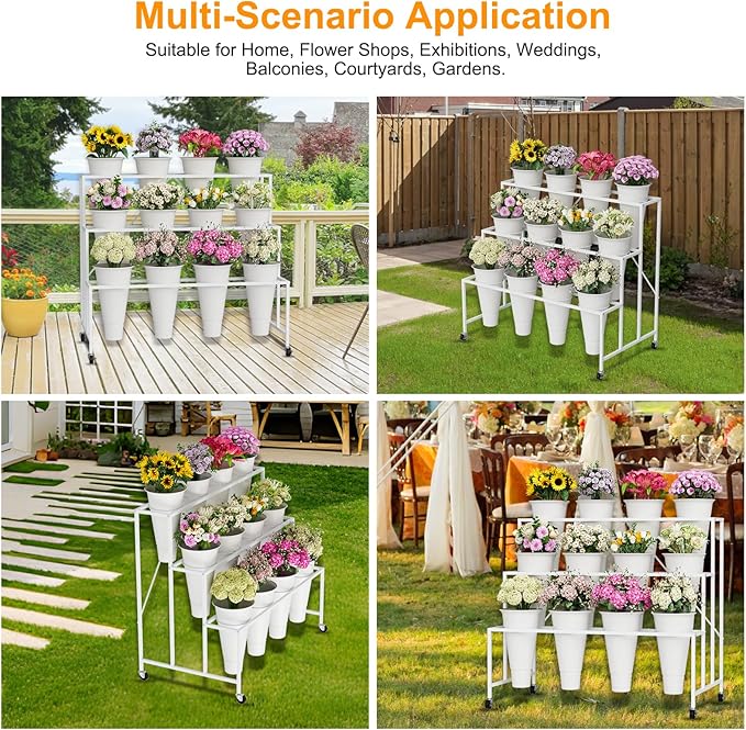 NEYCIL Flower Stand, 3-Tier Flower Display Stand with Buckets for Indoor Outdoor, Flower Cart Display Stand with Wheels for Courtyard, Balcony, Flower Shop, Wedding, Party, Exhibition, White
