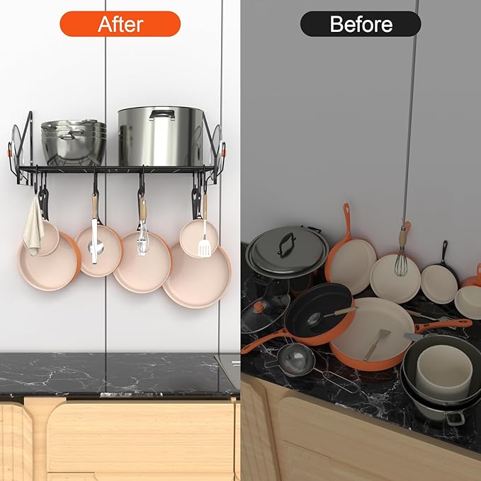 VyGrow 28 Inch Pot Rack Wall Mounted, Pots and Pans Organizer with 12 Hooks and 2 Pot Lid Holders, Heavy Duty Steel Pot and Pan Hanger for Kitchen Cookware Utensils Storage 34.7" Lx13 Wx12.6 H