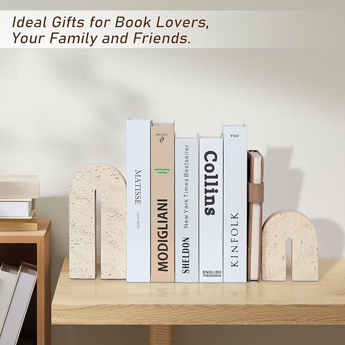 Book Ends for Shelves, Heavy Duty Decorative Bookends, Retro Arch Book Holder for Heavy Books, Imitation Travertine Book Stopper for Home Decor, Study, Bookshelf, Desktop, Set of Two
