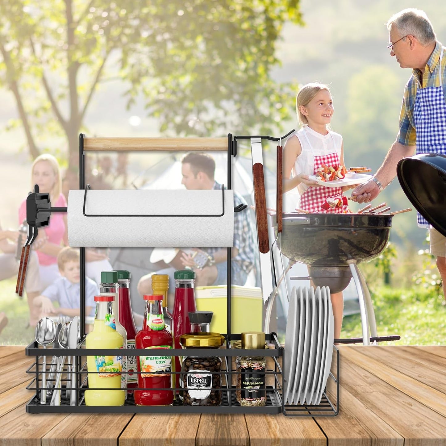 NEYCIL Grill Caddy with Magnetic Tool & Paper Towel Holders, Picnic Utensil Condiment Caddy, Barbecue Grill Tool Organizer for Outdoor Camping, Cooking, Camper