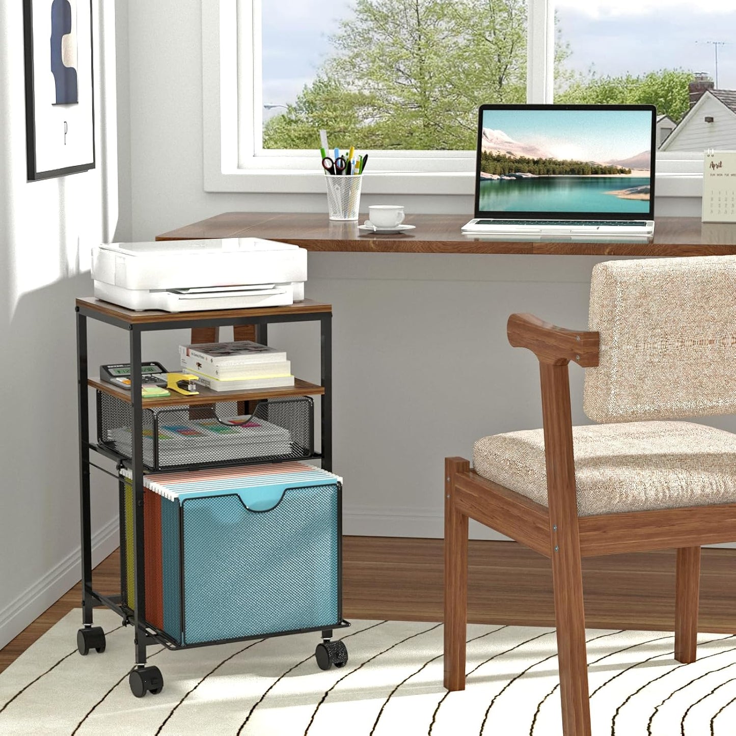 BOHDK Rolling File Cart with 2 Storage Drawers, Wood & Mesh Hanging File Folder Organizer with Wheels Under Desk, File Cabinets for Home Office, 14.7" L x 11.8" D x 25.3" H