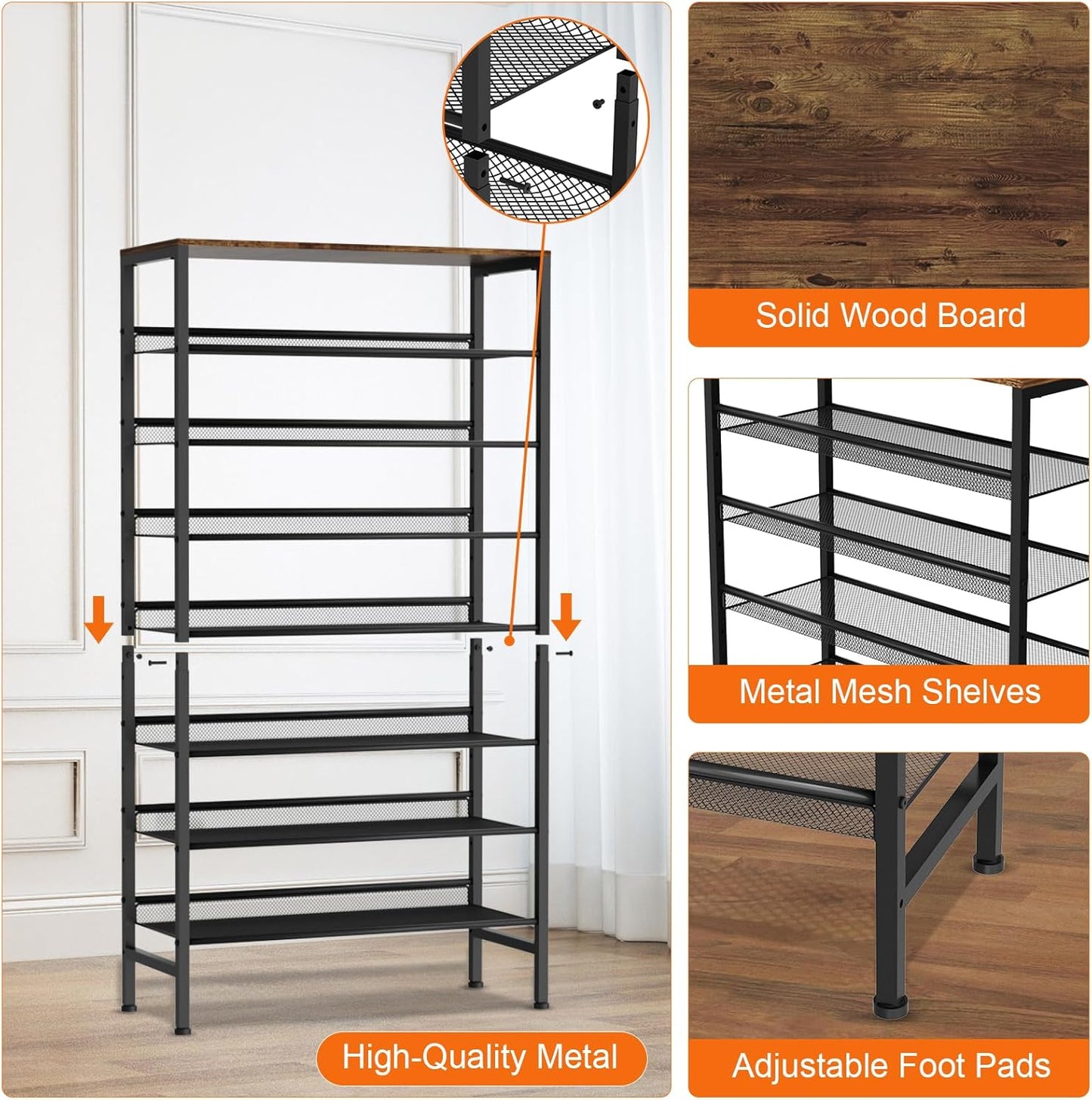 NEYCIL Large Shoe Rack 8 Tier Shoe Organizer, Heavy Duty Metal Shoe Storage Vertical Shoe Rack for Closet Front Door Entrance, Up to 28 Pairs, Top Wooden Storage Shelf, Black