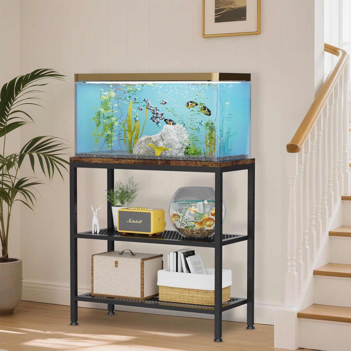 VANVERB 20-29 Gallon Fish Tank Stand, Long Aquarium Stand with 3-Tier Storage Shelves, Heavy Duty Turtle Reptile Breeder Terrarium Stand Rack Plant Stand, Load 350lbs, 30.7" L x 13.77" D x 31.51" H, Black