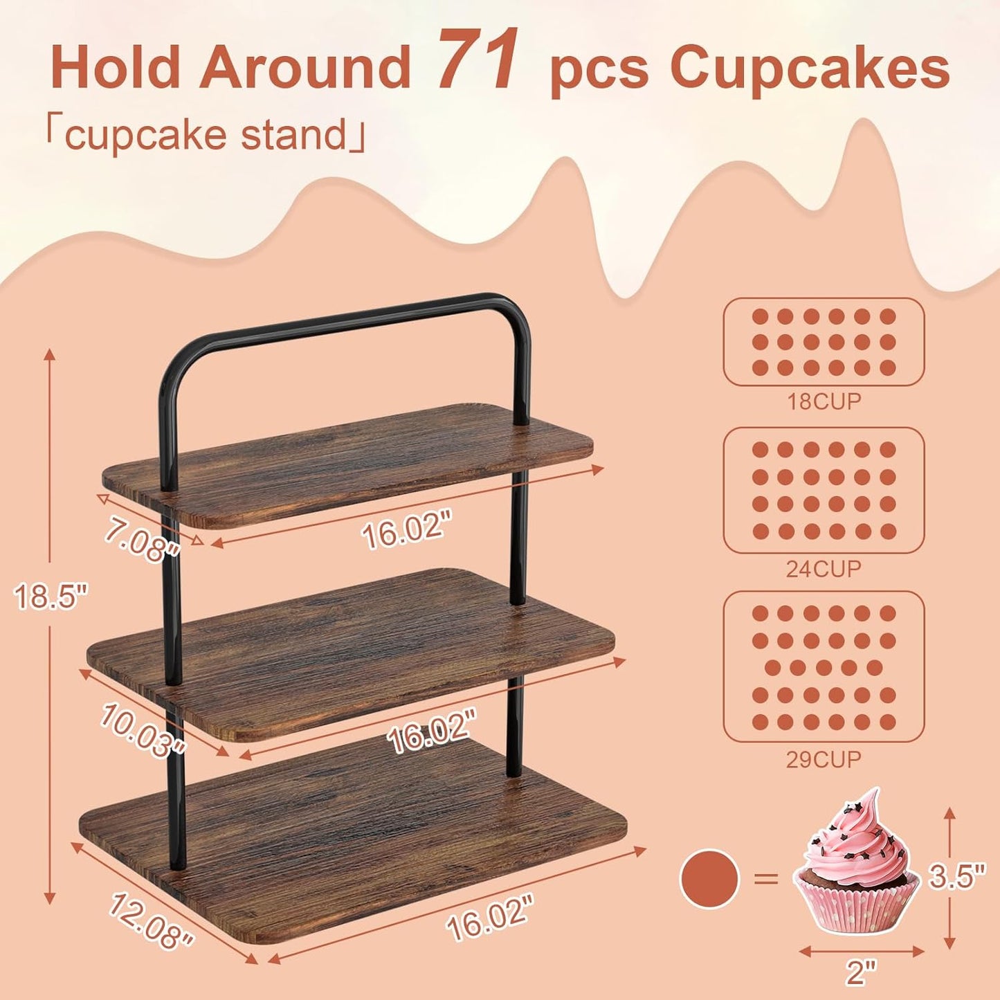 VyGrow Cupcake Stand 3-Tier Dessert Stand for 50 Cupcakes, Wood & Metal Tower Display Premium Holder Dessert Tree Tower for Christmas Birthday Weddings Party Decor, Serving Tray, Wood Brown