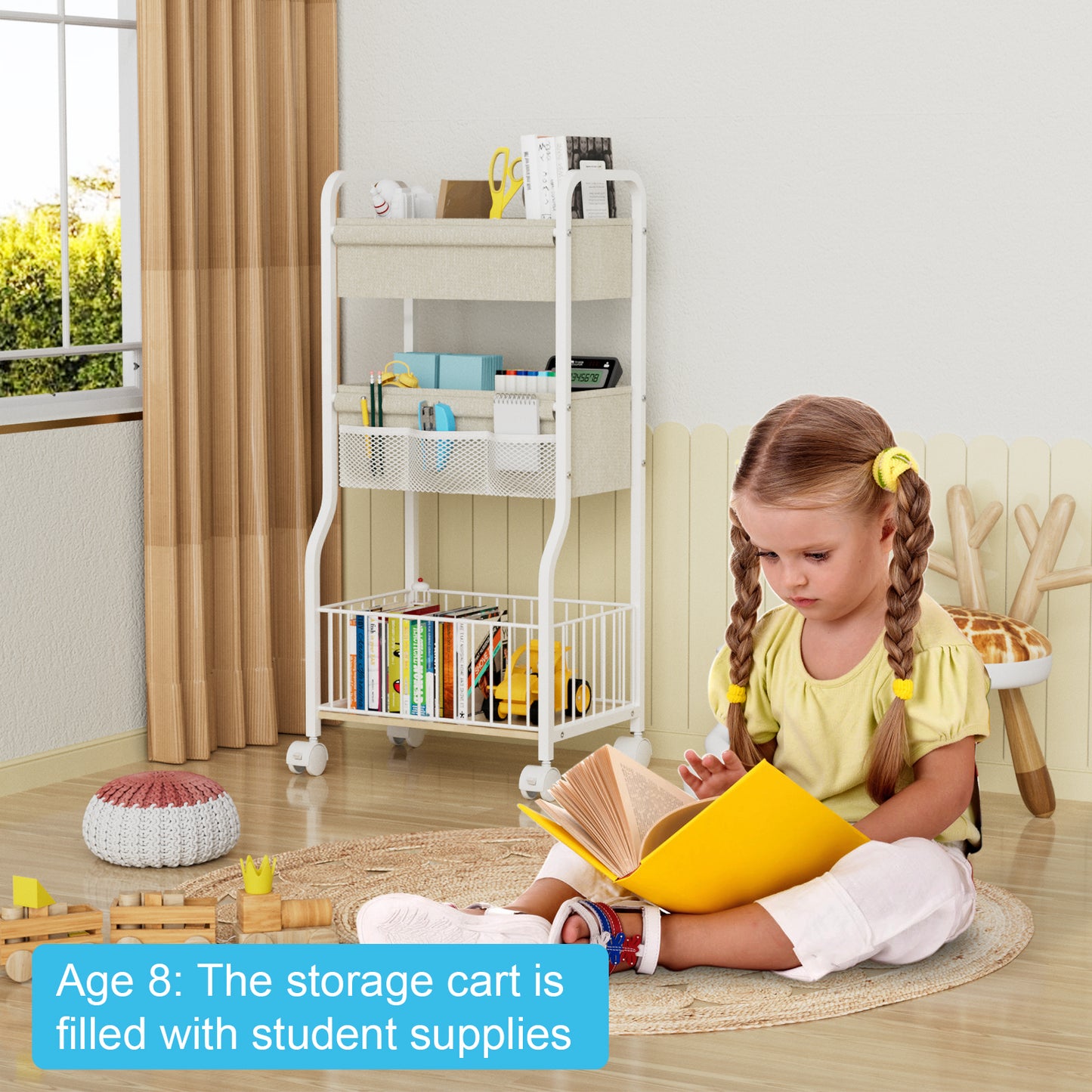3-tier Baby Diaper Caddy Organizer and Storage Cart with 4+3 Dividers, Metal Utility Cart with Lockable Wheels for Nursery, Bedroom, Bathroom, White