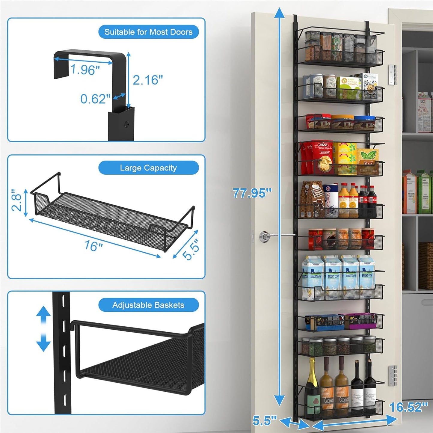 VyGrow Over the Door Pantry Organizer, 8-Tier Over the Door Organizer with Adjustable Basket, Pantry Door Organization for Pantry Kitchen Storage Room Spice Rack, Black