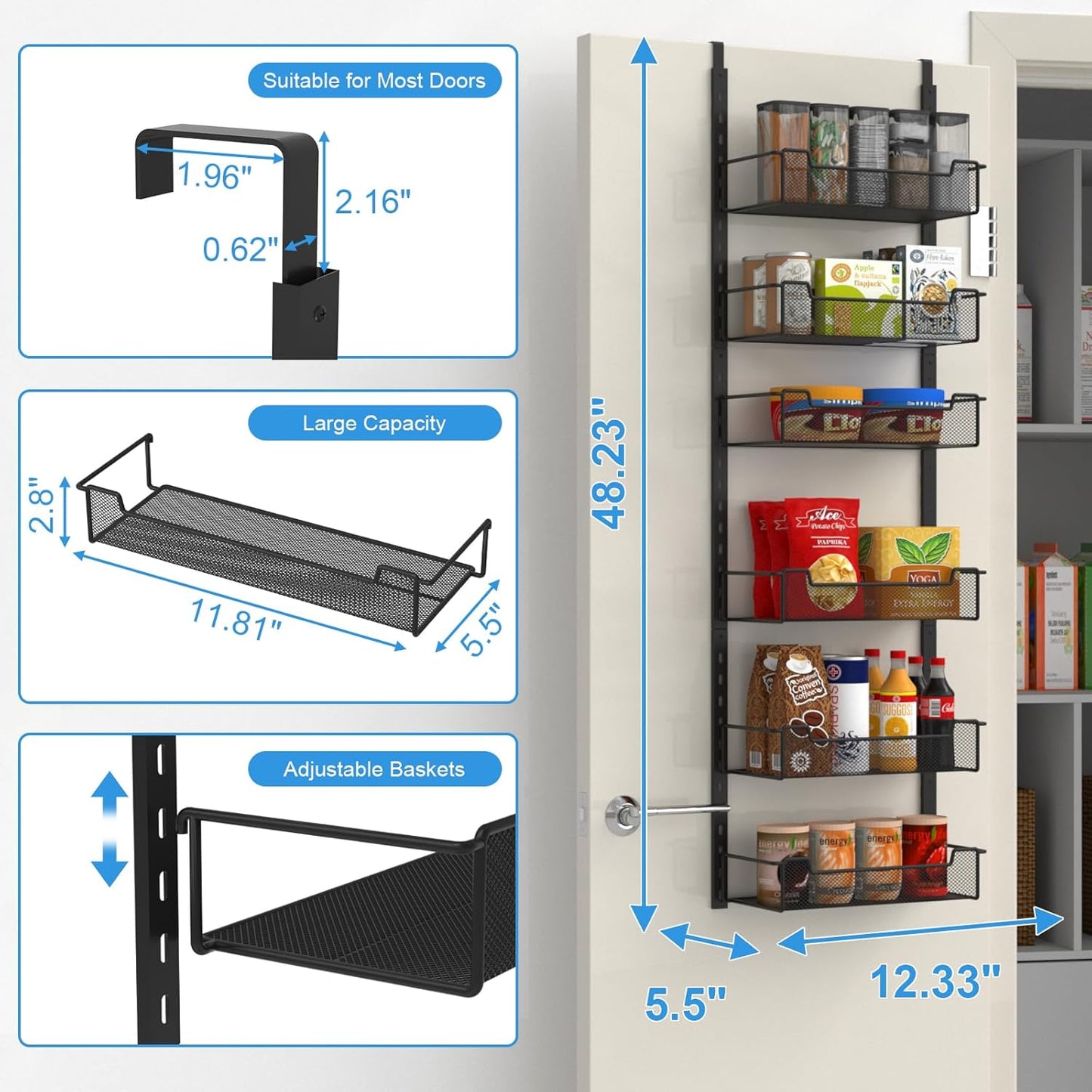 VyGrow Over the Door Pantry Organizer, 8-Tier Over the Door Organizer with Adjustable Basket, Pantry Door Organization for Pantry Kitchen Storage Room Spice Rack, Black