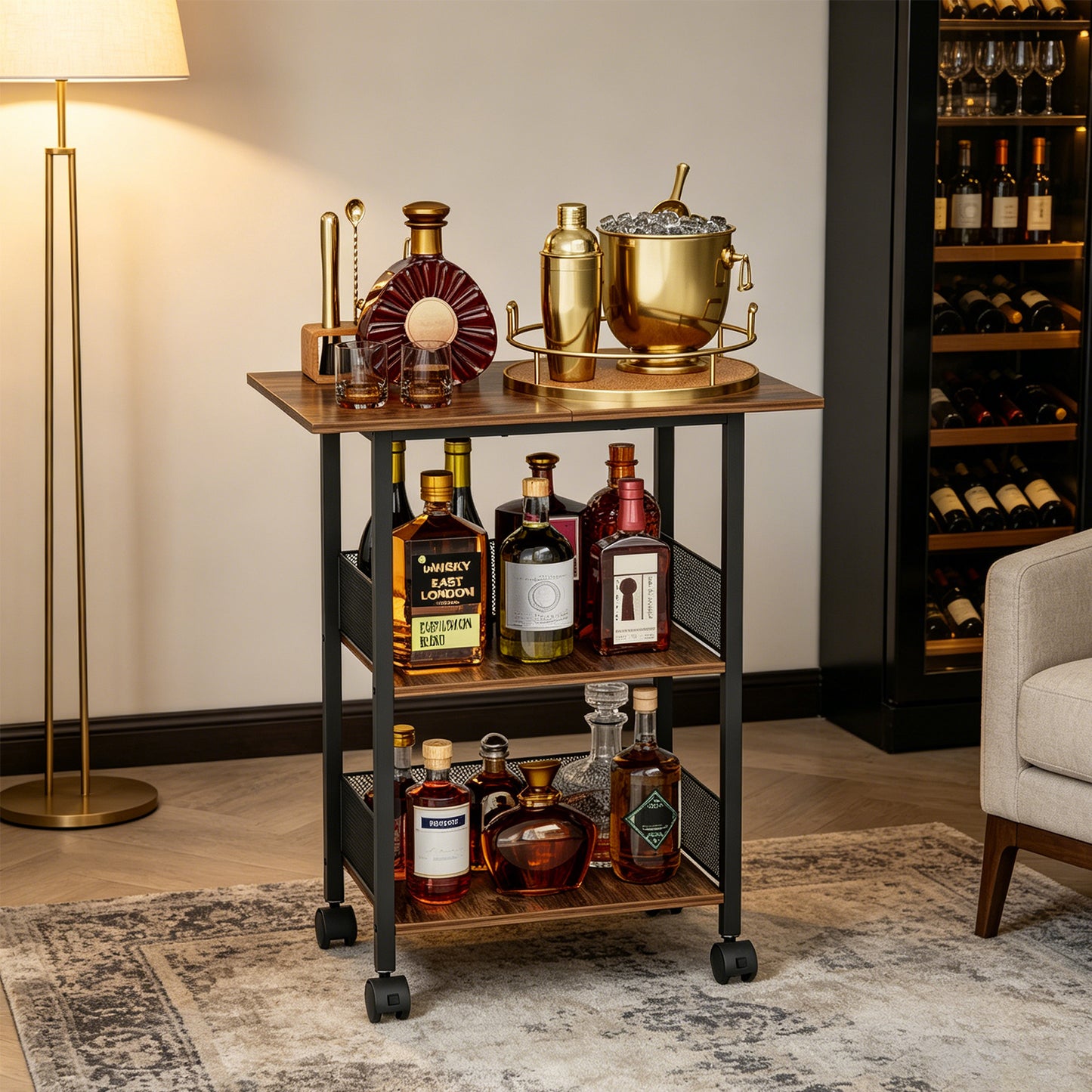 NEYCIL Freestanding Bar for Whiskey, 3-Tier Bar Cabinets Mini Bar Wine Table Whiskey Liquor Bottle Display Stand, Corner Cabinet for Kitchen, Dining Room, Living Room, Black