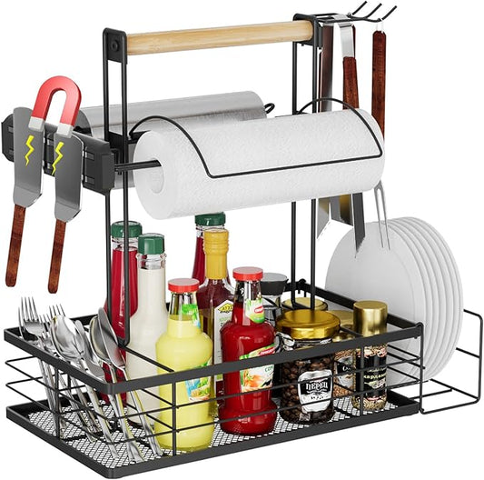 NEYCIL Grill Caddy with Magnetic Tool & Paper Towel Holders, Picnic Utensil Condiment Caddy, Barbecue Grill Tool Organizer for Outdoor Camping, Cooking, Camper